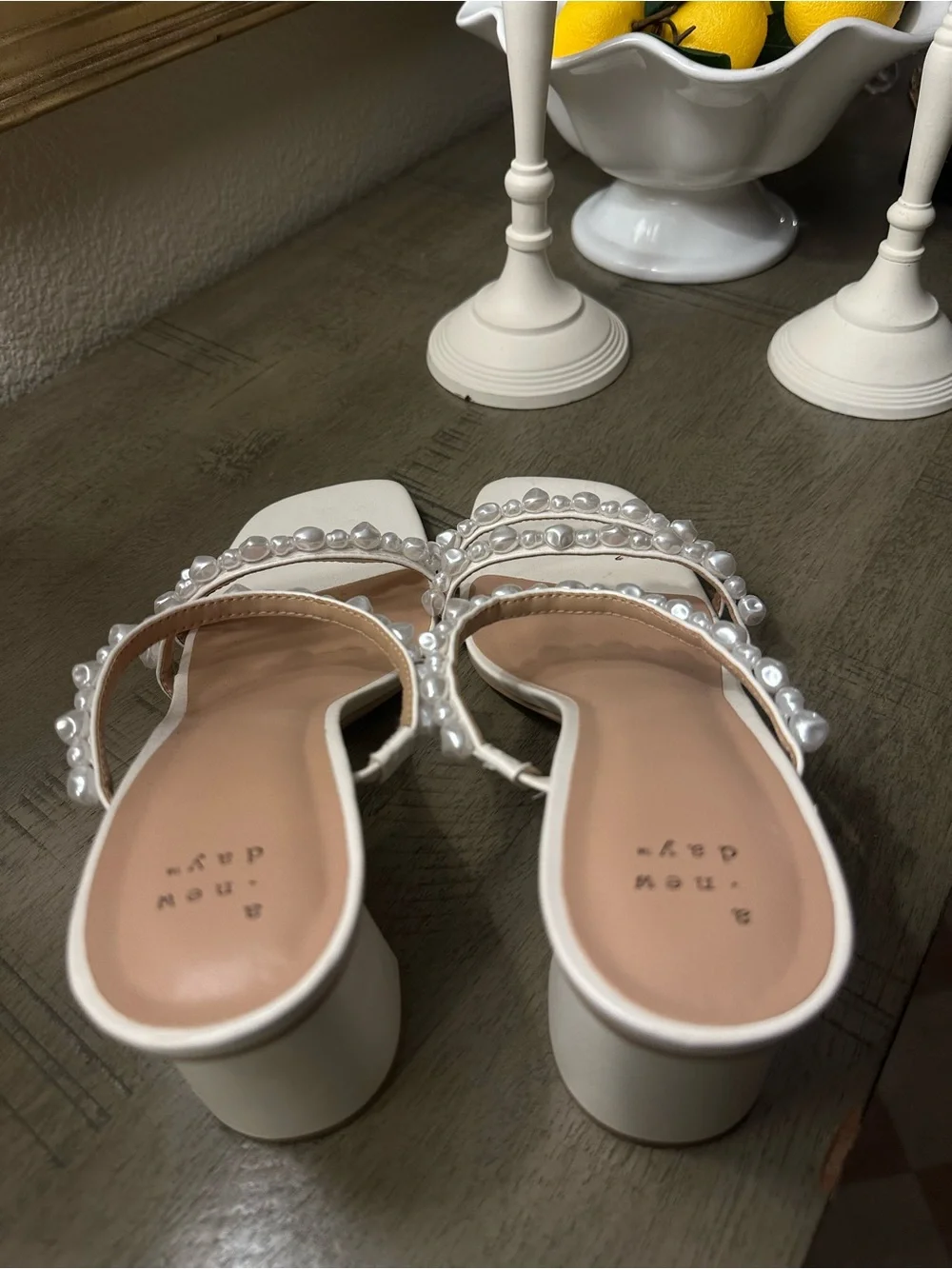 a new day White Pearl-Strap Square Toe Heeled Sandals